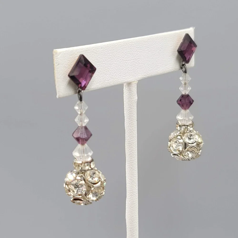 Vintage Purple Rhinestone Pierced Earrings Silver tone Bead Dangle 1.75" - Picture 8 of 9